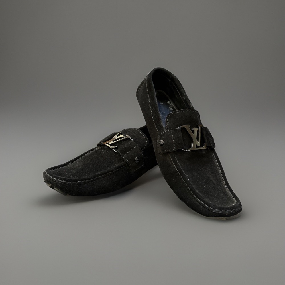 Louis Vuitton Suede Driving Loafers Men's 6.5 Black LV Hardware Made Italy